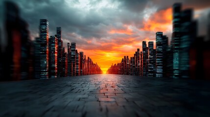 Poster - Stunning futuristic digital cityscape with cascading data flows holographic interfaces and towering skyscrapers set against a surreal retrofuturistic ambiance and twilight sky with a glowing horizon