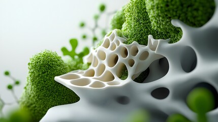 Poster - Microscopic examination of bioinspired plant derived nanomaterials for cutting edge implantable medical applications showcasing complex cellular networks verdant geometric textures