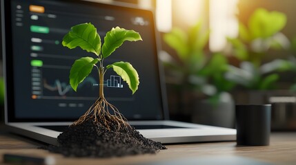 Poster - Metallic plant roots seamlessly connecting to an AI powered digital monitor showcasing the of organic nature and advanced technology in a futuristic innovative concept