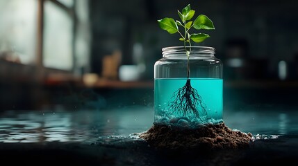 Poster - Innovative hybrid plant designed to filter and desalinate seawater using its glowing blue roots showcasing a sustainable solution for water purification and renewable energy production