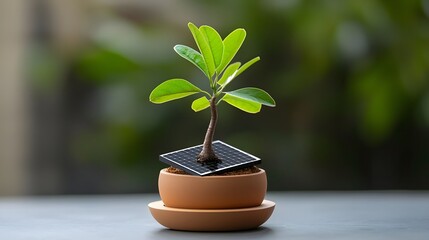 Poster - Innovative biotech plant with solar panel like leaves in a modern potted setup showcasing the fusion of nature and technology for sustainable energy solutions