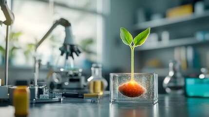 Poster - Glowing Seed Sprouting in Gel Cube Surrounded by Scientific Equipment and Apparatus in a Clean Modern Laboratory Environment  Showcasing the Potential of Plant Life and Scientific Research