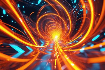Wall Mural - Vibrant Orange Background with Swirling Light Orbs and Dynamic Digital Patterns for Eye-Catching Visuals