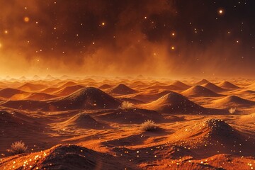 Wall Mural - Vibrant Earthy Orange Abstract Digital Background with Glowing Dust Particles