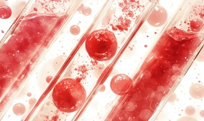 Poster - Abstract image of red liquid flowing through diagonal tubes, with red spheres and bubbles. Soft lighting and blurry effect create a dynamic, ethereal laboratory or scientific research environment