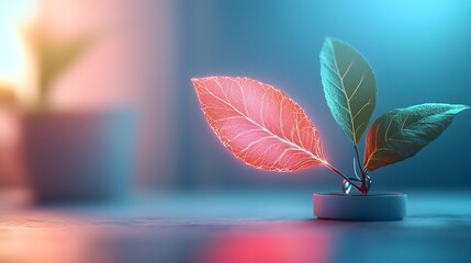 Poster - Glowing Bio Engineered Leaf with Neon Like Interconnected Network   Futuristic Organic Technological Design Concept