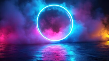 Poster - Glowing neon circle in smoky atmosphere.