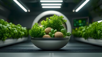 Poster - Futuristic greenhouse showcasing genetically modified plants thriving in a highly controlled and optimized indoor environment