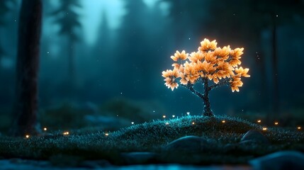 Poster - Futuristic forest of biotechnology enhanced trees with luminous glowing branches against a night sky filled with stars  This conceptual surreal landscape showcases the potential of sustainable