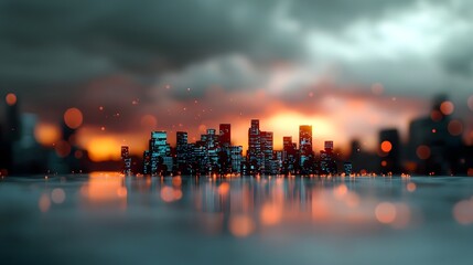 Poster - Futuristic digital landscape with sweeping panoramic view of abstract information networks glowing neon data visualizations and intricate architecture set against a serene sunset backdrop
