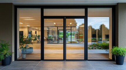 Poster - Expansive glass doors open to reveal a stylish interior, blending nature and modern design elements, bathed in soft, natural light and complemented by vibrant plants