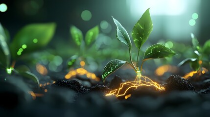 Poster - Futuristic bionic plant with embedded circuits and glowing veins illuminated under advanced laboratory lighting depicting the of nature and technology