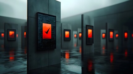 Poster - Expansive futuristic data center with pulsing binary matrices and clusters  Wide angle perspective showcases vast server hubs and information processing nodes