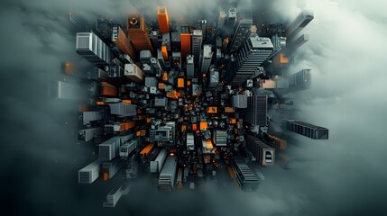 Poster - Expansive digital cityscape with interlinking architectural forms shimmering data matrices neon illuminated pathways floating information displays and glowing power conduits  A futuristic