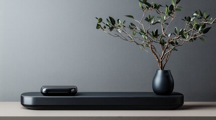 Poster - Sleek Modern Eco-Friendly Office Interior with Minimalist Decor and Greenery on a Dark Surface
