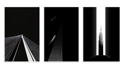 Poster - A set of three minimalist paintings featuring sleek, black and white designs, each representing a different architectural landmark: bridge, tower, and building.
