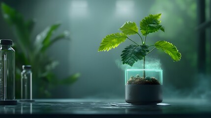 Poster - Cutting edge futuristic biotech plant with glowing bioluminescent leaves thriving in a high tech laboratory environment showcasing the potential of sustainable and innovative scientific advancements