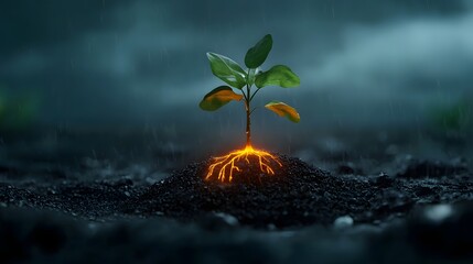 Poster - Conceptual of a plant with glowing roots that extend deep underground to stabilize soil erosion and promote sustainable growth in the natural environment
