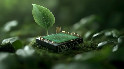 Poster - close up view of a high tech biotech plant leaf embedded with microchips that monitor the leaf s pho