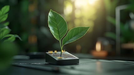 Poster - close up view of a futuristic biotech plant leaf embedded with microchips and sensors that monitor t