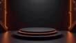 © fai  - high-tech stage with neon accents for luxury advertising. a visually striking 3d podium with a sleek, circular platform in deep matte black, accented by glowing orange neon lines. the dark geometric