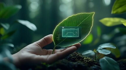 Poster - Close up of a futuristic biotech leaf that showcases holographic weather data and climate information in real time highlighting advancements in sustainable technology and environmental monitoring