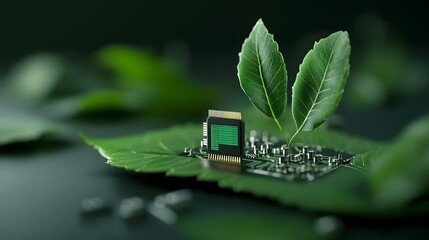 Poster - Close up of a biotech plant leaf embedded with advanced microchips that monitor the plant s photosynthesis process in real time showcasing the intersection of nature and cutting edge technology