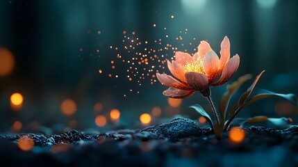 Poster - Captivating image of bioluminescent flowers with glowing pollen particles dispersing into the enchanting ethereal night air creating a magical otherworldly scene  The vibrant
