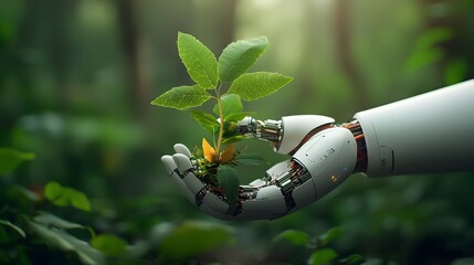 Poster - Biotech vine entwining a robotic arm symbolizing the harmonious of organic and digital elements  This conceptual represents the growing convergence between nature and advanced technology