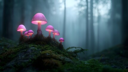 Poster - An depiction of a glowing biotech forest that uses innovative technology to clean the air in cities  The lush futuristic landscape is rendered in soft vibrant shades of green and purple