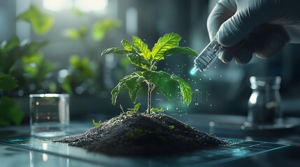 Poster - A visionary scientific laboratory scene depicting a researcher closely observing and analyzing holographic plant data displayed on a high tech interface