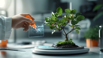 Poster - A lab scientist intently observing a high tech plant surrounded by holographic data visualizations exploring the intersection of advanced technology scientific research and the natural world