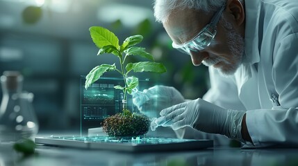 Poster - A lab scientist in a futuristic workspace closely observing a high tech plant specimen surrounded by a holographic data interface capturing insights through innovative scientific and analysis