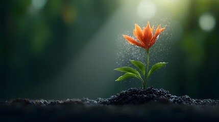 Poster - A genetically engineered flower with petals made of living cells and advanced nanomaterials shimmering and glowing under the sunlight