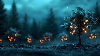 Poster - A futuristic forest of luminous biotech infused trees with glowing branches reaching towards a starry night sky creating a captivating surreal landscape that blends nature and advanced technology