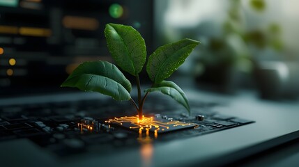 Poster - A conceptual plant with veins resembling circuit boards glowing faintly with flowing bioelectric energy  The image blends nature and technology creating a futuristic and innovative aesthetic