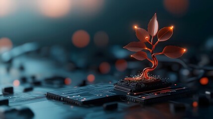 Poster - A conceptual depicting a plant with intricate circuit board like veins glowing faintly with flowing bioelectric energy   a fusion of nature and futuristic technology