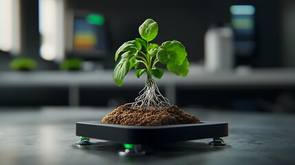 Poster - A captivating image depicting a hybrid plant with metallic roots that intertwine with advanced soil sensors showcasing the of technology and nature