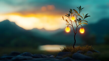 Poster - A biotech tree with glowing fruits emitting soft luminescent light symbolizing innovation and advancements in sustainable agriculture and the future of farming