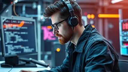 Poster - Coding expert focused on monitor screen with headphones cybersecurity modern technology innovation