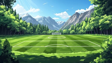 Wall Mural - Scenic soccer field nestled in a lush green valley, surrounded by majestic mountains under a bright, sunny sky.
