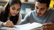 © PennHelen - Close-up of a tutor reviewing study materials with a student, macro shot, in a well-organized office, employing clean composition