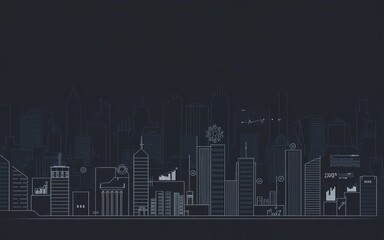 Poster - Smart City Skyline: A futuristic city skyline sketched in lines with data visualization elements seamlessly integrated.