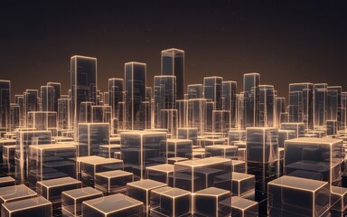 Poster - Cityscape of Light Cubes: A futuristic city, built from illuminated glass cubes, glowing softly against a dark backdrop, suggests advanced technology and innovation.