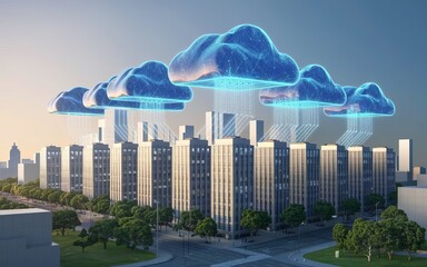 Poster - Cloud City: A vibrant cityscape merges with digital clouds, showcasing interconnected buildings and data streams, symbolizing modern technology and innovation. 