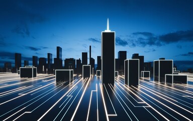 Poster - Cyber City Skyline: A futuristic cityscape glows with neon lights, showcasing modern architecture and advanced technology under a dusky sky.