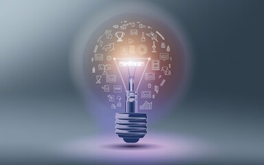 Poster - Illuminating Innovation: A lightbulb, radiating with miniature icons, symbolizing ideas and technological advancement against a gradient background.