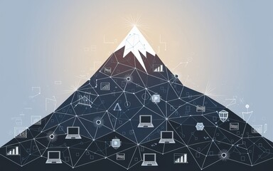 Poster - Climbing to Success: A conceptual representation of business growth and achievement, visualized as a mountain peak adorned with interconnected digital elements.