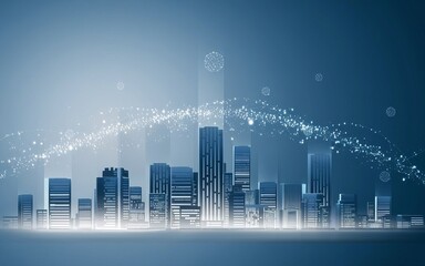 Poster - Skyline of Progress: An illuminated cityscape, set against a gradient background. This image suggests advancement and urban life, ideal for illustrating technology, infrastructure.