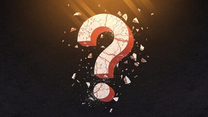 Wall Mural - digital 3d question mark made of crumbling red and white stone on a black background with backlighti
